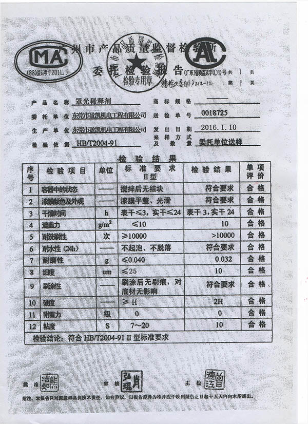 罩光稀釋劑合格證書(shū)